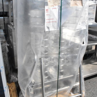 Rational HGW202 WA55 commercial roll-in rack, on casters, covered in protective plastic with caution labels visible.