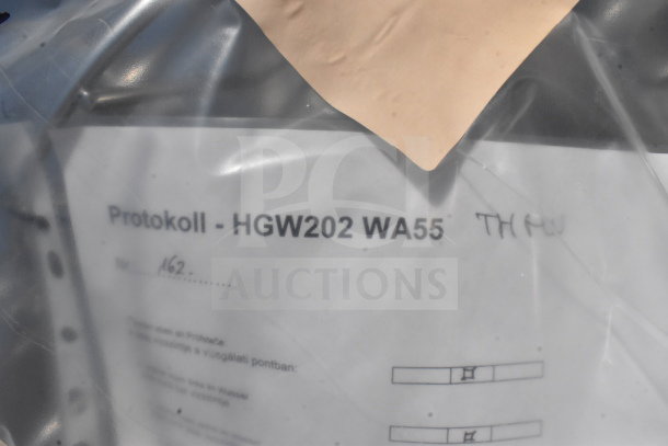 Rational HGW202 WA55 commercial roll-in rack with label, on sturdy casters, suitable for restaurant use.