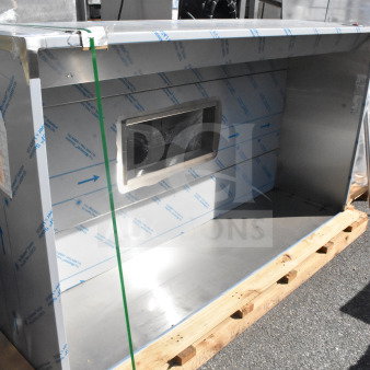 7' CaptiveAire 4824 VHB Commercial Steam Hood, stainless steel, new condition, protective film intact, on a pallet.
