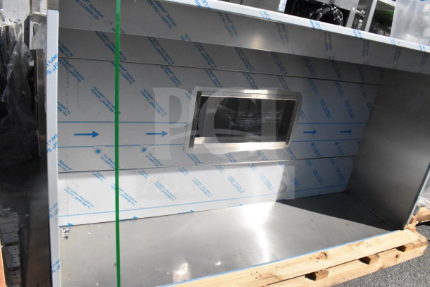 7' CaptiveAire 4824 VHB commercial steam hood, stainless steel, new condition, protective film on surface, mounted on pallet.