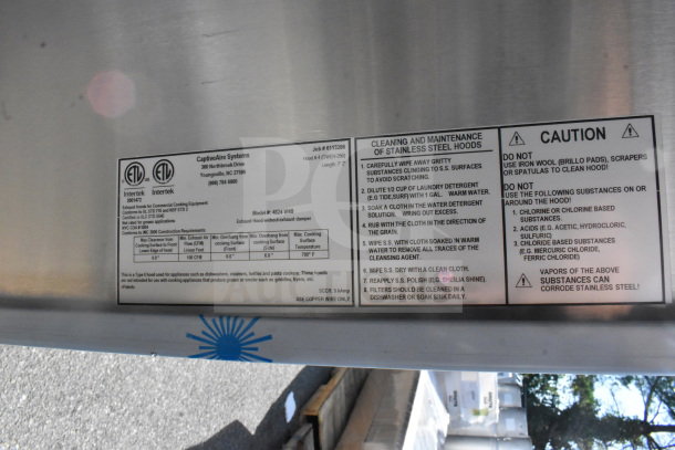 7' CaptiveAire 4824 VHB Commercial Steam Hood with cleaning instructions and safety cautions displayed on label.
