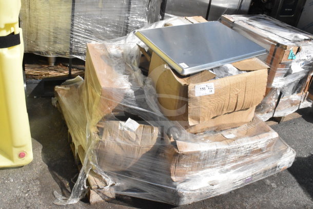 8 new scratch and dent items boxed, including Regency 600TS3048S 30x48" stainless steel work table, wrapped on pallet.
