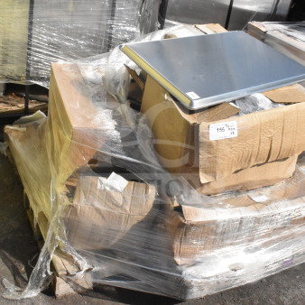8 new scratch and dent items boxed, including Regency 600TS3048S 30x48" stainless steel work table, wrapped on pallet.