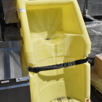 Brand new Uline H-1844 poly dolly, yellow, scratch and dent condition, durable design with a black strap for securing items.