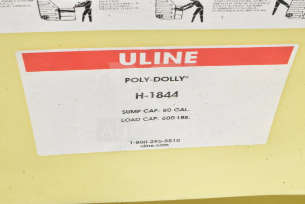 Uline H-1844 Poly Dolly with 80-gal sump and 600-lb load capacity, label showing minor scratches, brand new condition.