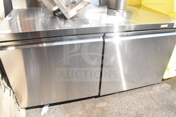 Brand new 2026 Avantco 178SSWT60RHC 60" two-door worktop refrigerator, stainless steel, 3 1/2" backsplash, minor scratches.