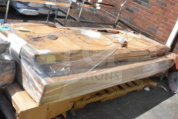 Three new scratch and dent Lancaster Table & Seating Vineyard 8' Barrel Brown Wood Folding Tables, boxed, visible packaging wear.