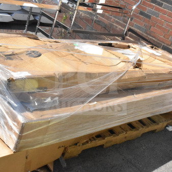 Three new scratch and dent Lancaster Table & Seating Vineyard 8' Barrel Brown Wood Folding Tables, boxed, visible packaging wear.