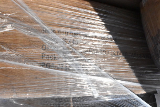 Three new scratch and dent Lancaster Table & Seating Vineyard 8' Barrel Brown Wood Folding Tables in packaging, item 164VYTBL9640.