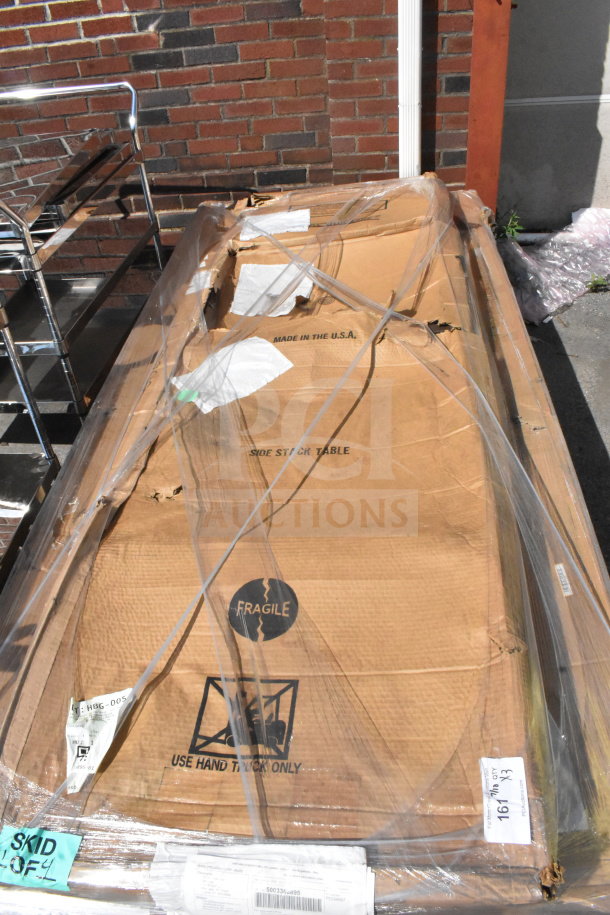 Cardboard packaging containing 3 Lancaster Table & Seating Vineyard 8' Barrel Brown Wood Folding Tables. Fragile label visible.