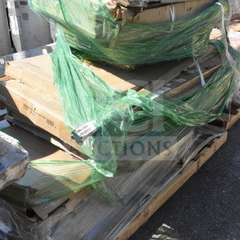 14 brand new scratch and dent items, including a table, on a pallet. Items are wrapped in green plastic and cardboard.