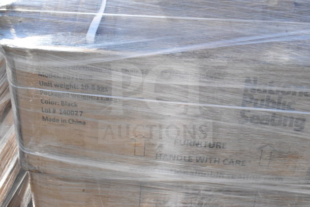 Stack of 12 scratch and dent items wrapped in plastic, including shelves, stool, and cart. Box label reads "Model: 67032, Unit weight: 10.8 kg, Color: Black, Lot #140027, Made in China".