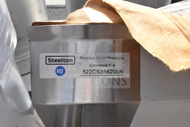 "Steelton 522CS31620LR commercial sink label, NSF certified, brand new condition with scratch and dent."