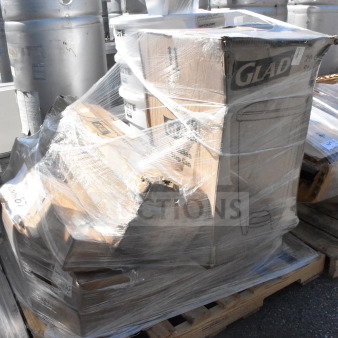 Pallet with 13 new scratch and dent items, including floor mat, table base, and rod, wrapped in plastic for auction.