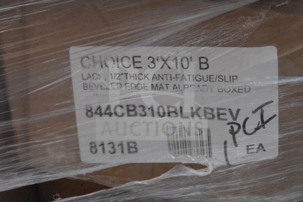 13 brand new scratch and dent items wrapped in plastic. Label shows: Choice 3'x10' B, anti-fatigue mat, model 844CB310BLKBEV.