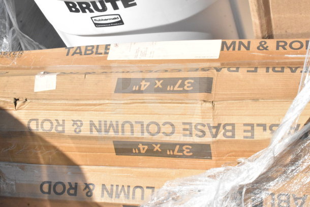 13 new scratch and dent items in boxes; includes floor mat, table base column, rod. Boxes labeled with dimensions.