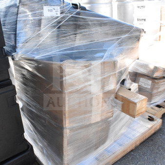Shrink-wrapped pallet containing 12 new Scratch and Dent Black Slim Jim Trash Cans, visible labels on packaging.