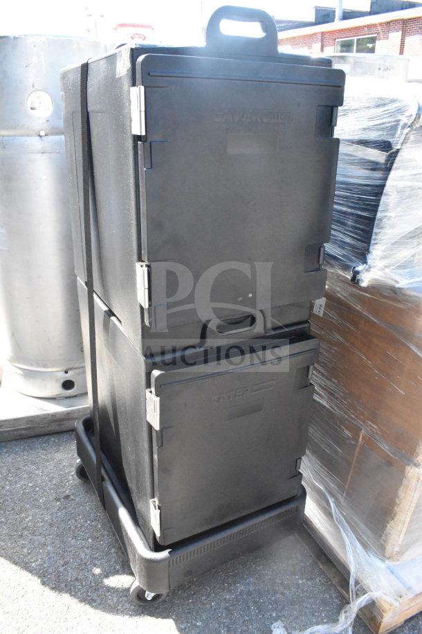 3 brand new CaterGator black insulated food pan carriers and dolly. Front loading, 5-pan capacity, 300 lb. dolly capacity.