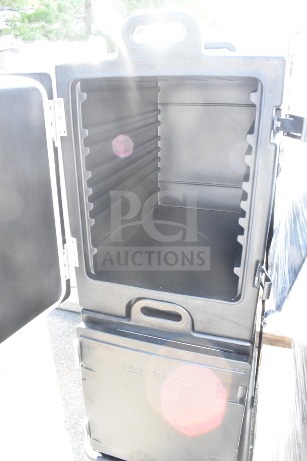 CaterGator black front-loading insulated food pan carrier, new, scratch and dent condition. Holds up to 5 full-size pans.
