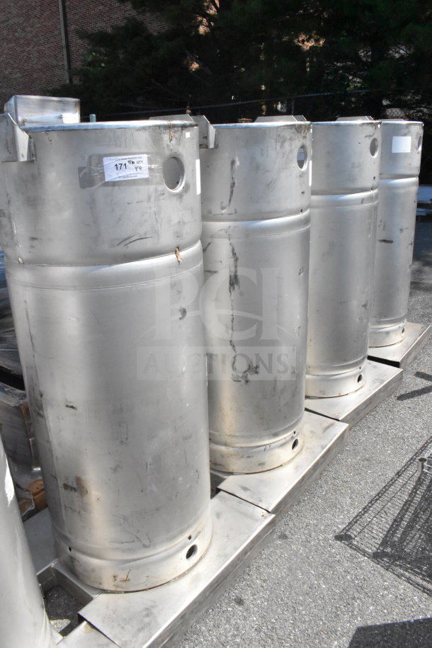 Four Sharpsville Container tanks, stainless steel, used condition. Visible labels indicate item specifications. Buyer pickup required.