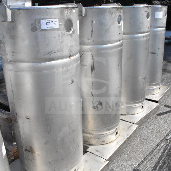 Four Sharpsville Container tanks, stainless steel, used condition. Visible labels indicate item specifications. Buyer pickup required.