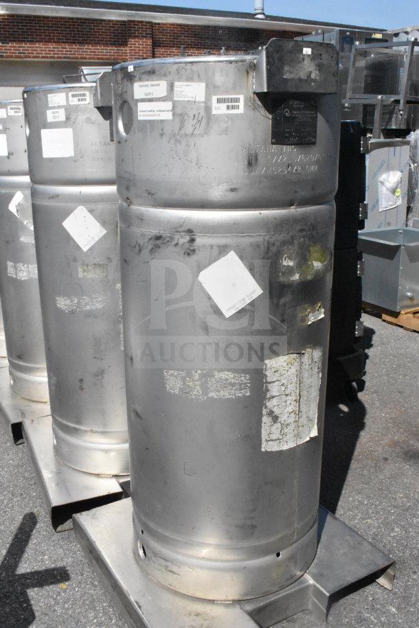 Four Sharpsville Container tanks, stainless steel, used condition, with visible labels and maintenance markings. Buyer pickup required.