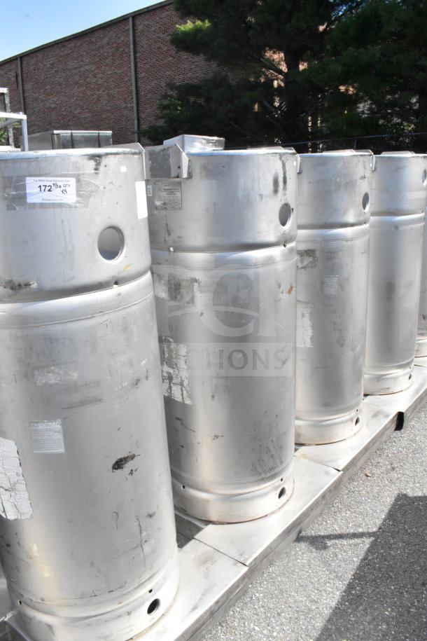 Four stainless steel Sharpsville Container tanks, weathered with visible scratches and labels, for local pickup only.