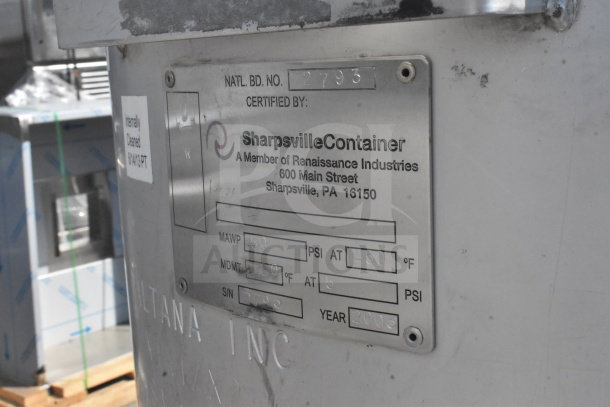 Sharpsville Container tank with certification plate showing model details and pressure specs; pickup only.