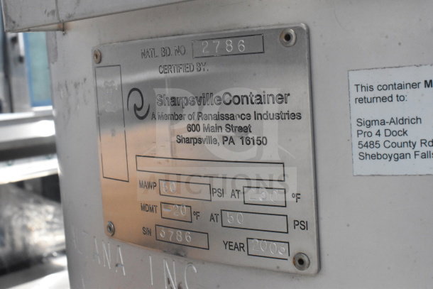 4 Sharpsville Container Tanks, metal, certified, MAWP 50 PSI, SN 5786. Pickup only.