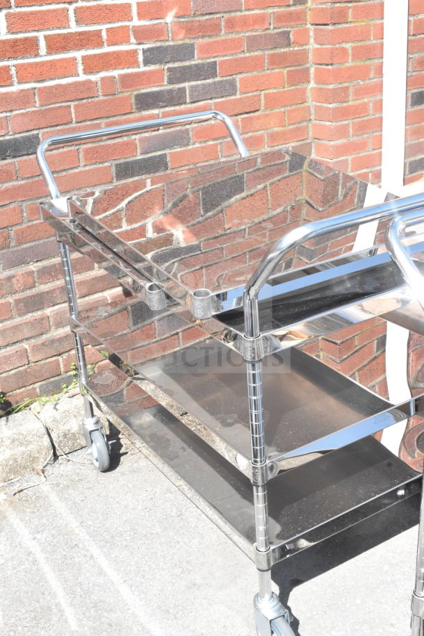 3 Tier metal cart with commercial casters, shiny finish, sturdy build, visible outdoor setting.