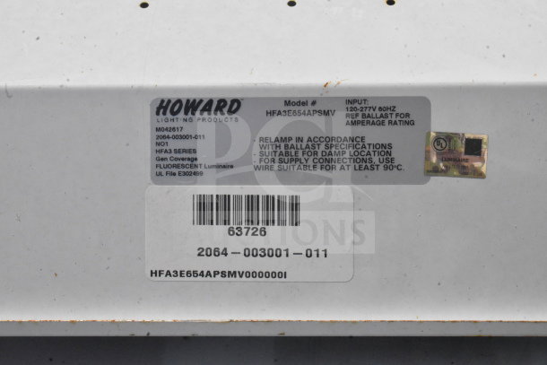 Howard HFA3E654APSMV light fixture label showing model, 120-277V input, and UL certification details.