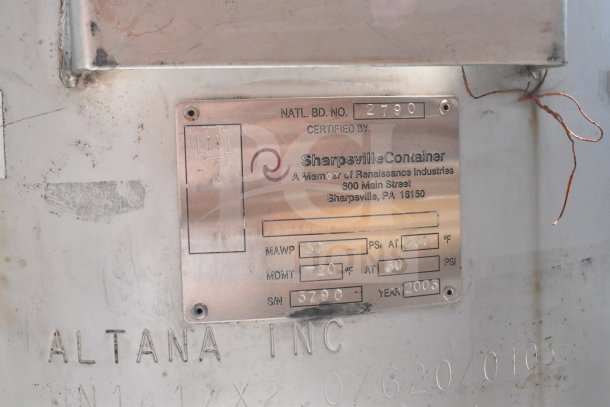 Sharpsville Container tank label showing model, pressure, temperature specs, and manufacturing year 2005.