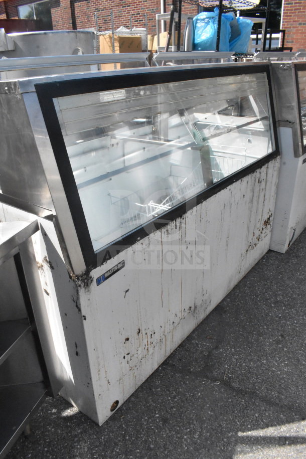 Master-Bilt Commercial Ice Cream Dipping Cabinet, visible wear, large glass front, white exterior, branded sticker.