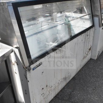 Master-Bilt Commercial Ice Cream Dipping Cabinet, visible wear, large glass front, white exterior, branded sticker.