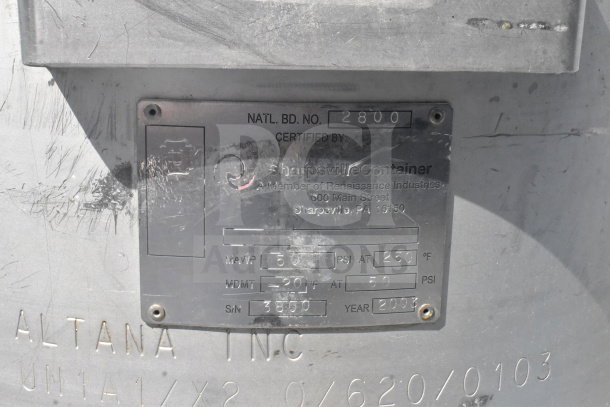 Sharpsville Container Tank with metal label showing certification details, including max pressure and temperature. Serial number 3800, year 2003.