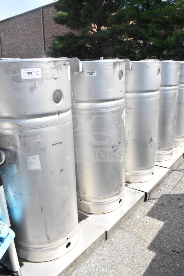 4 Sharpsville Container tanks, silver, cylindrical, used condition, tags labeled "189 x4". Buyer must pick up.