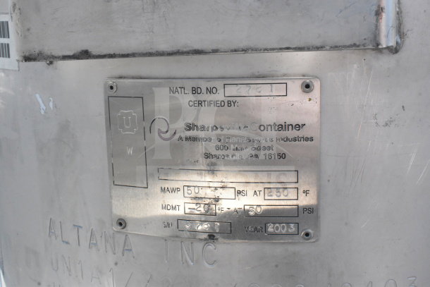 4 Sharpsville Container tanks with certification plaque from 2003, MAWP 50 PSI at 250°F, located in Sharpsville, PA.