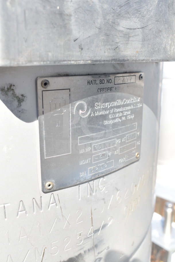 Sharpsville Container Tank with engraved label showing model and specifications, including serial number 3797.