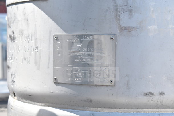 Sharpsville Container tank with manufacturer plate. Stainless steel, max 50 psi at 250°F, serial number 4495, year 2004.
