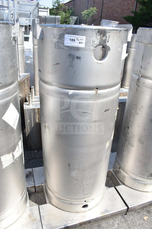 Four stainless steel Sharpsville container tanks, used condition, minor scuffs. Buyer pickup required; no shipping.