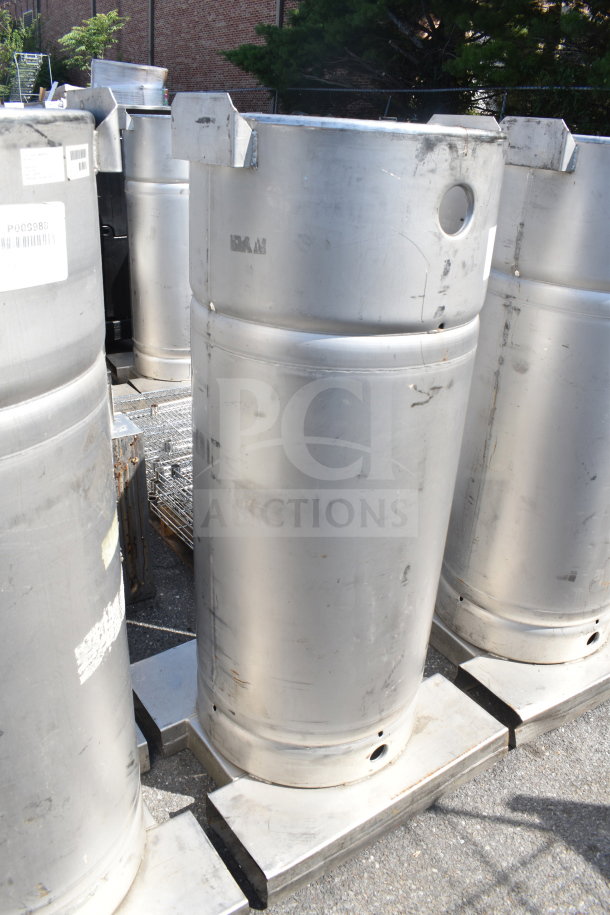Four Sharpsville Container tanks, steel, vertical standing, slight surface wear, labeled for inventory. Buyer pickup only.