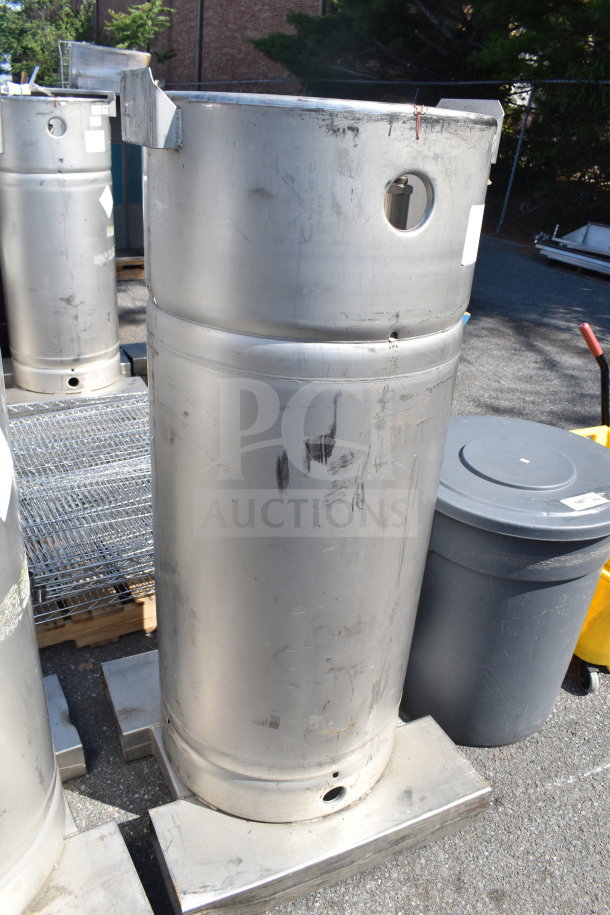 Four Sharpsville Container tanks, stainless steel, industrial use. Visible surface marks. Pickup only, no shipping.