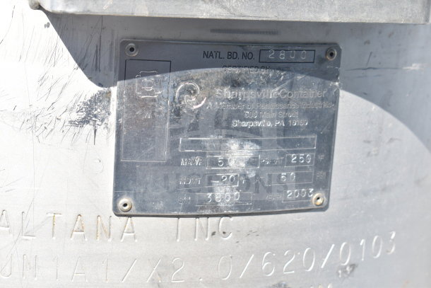 4 Sharpsville Container tanks with a visible label showing specs and conditions; pickup required, no shipping.