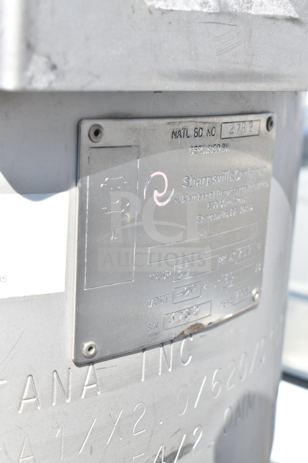 4 Sharpsville Container tanks with engraved label, showing specifications and model details. Pickup required, not shippable.