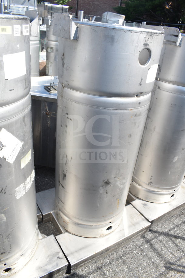 Four Sharpsville Container tanks, cylindrical metal design, weathered condition, visible labels and markings, pick-up required.