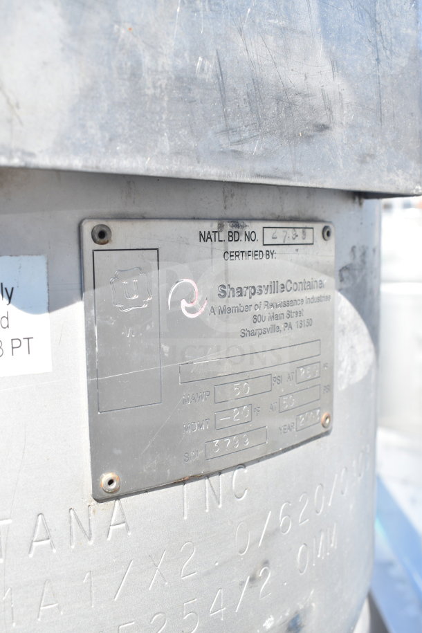 Sharpsville Container Tank with certification plate showing MAWP 50 psi, MDMT -20°C, Serial No. 3799, in used condition.