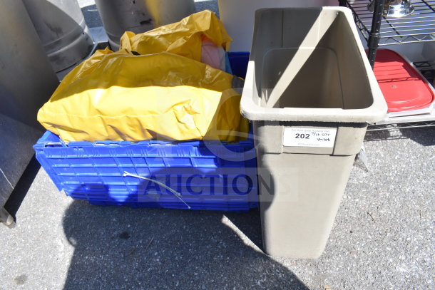 Lot with blue crate of various items and a beige Slim Jim trash can. Label marked "202". Includes yellow costume.