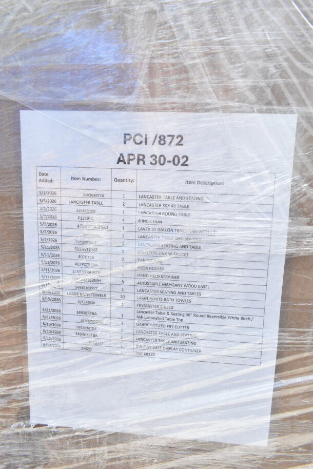 Auction lot of 21 brand new scratch and dent items including towels, fry cutter, and tables. Item list visible on packaging.