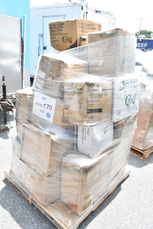 Pallet of 20 new boxes with scratch and dent items including clear plastic cold cups, hot cups, and napkins.