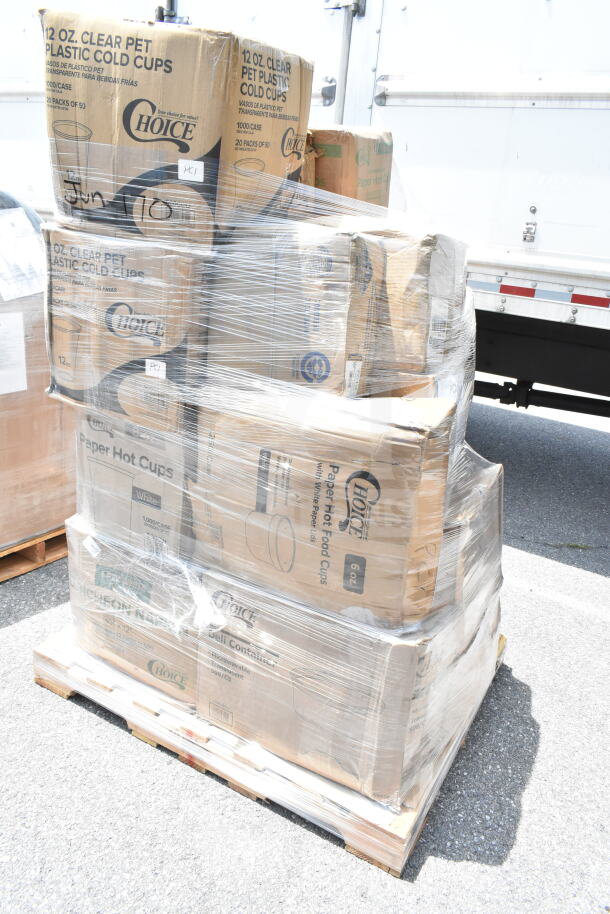 Pallet of Choice brand boxes containing 12 oz clear plastic cold cups and paper hot cups, shrink-wrapped, new condition.
